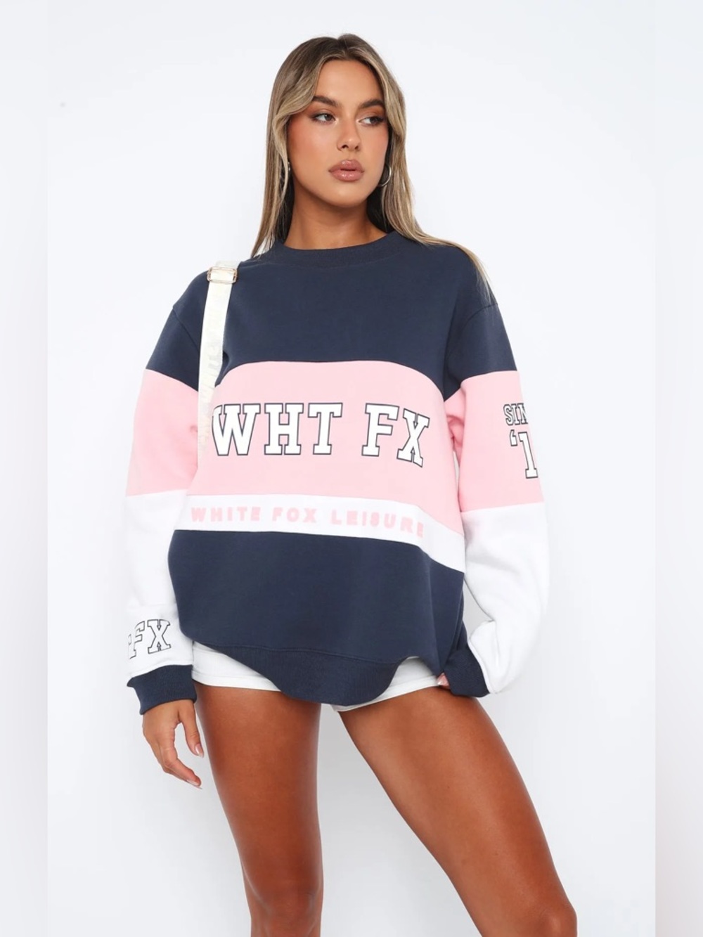 White Fox Boutique Navy Pink White Colorblock 'WHT FX' Crewneck Sweatshirt
